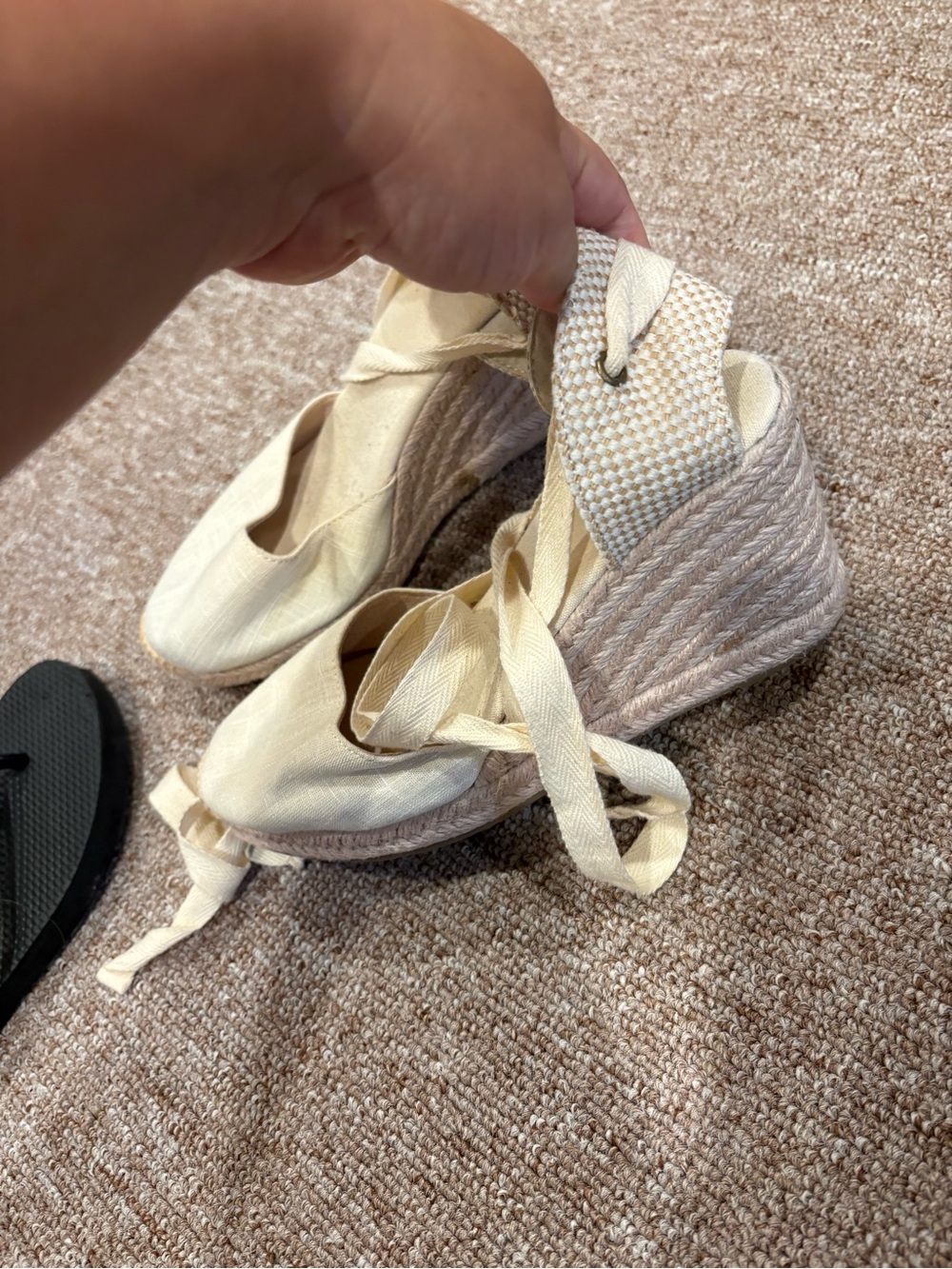 Cream Espadrille Wedge Sandals with Ankle Wraps - Picture 3 of 4